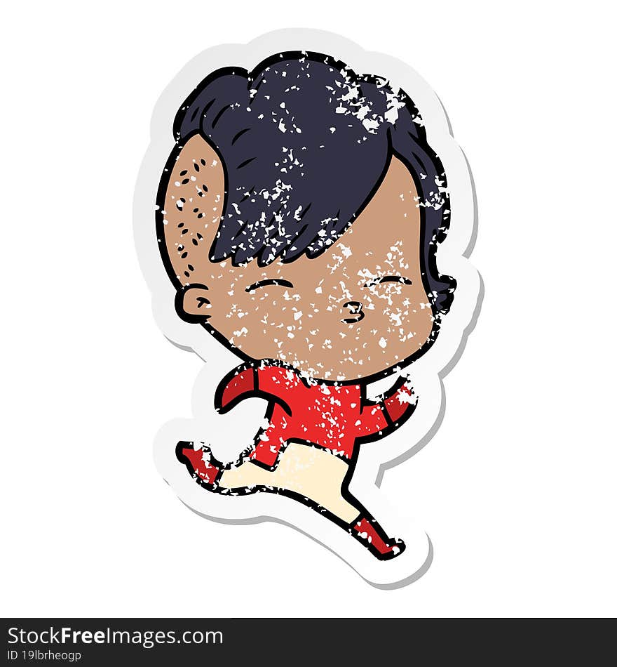 distressed sticker of a cartoon girl wearing futuristic clothes