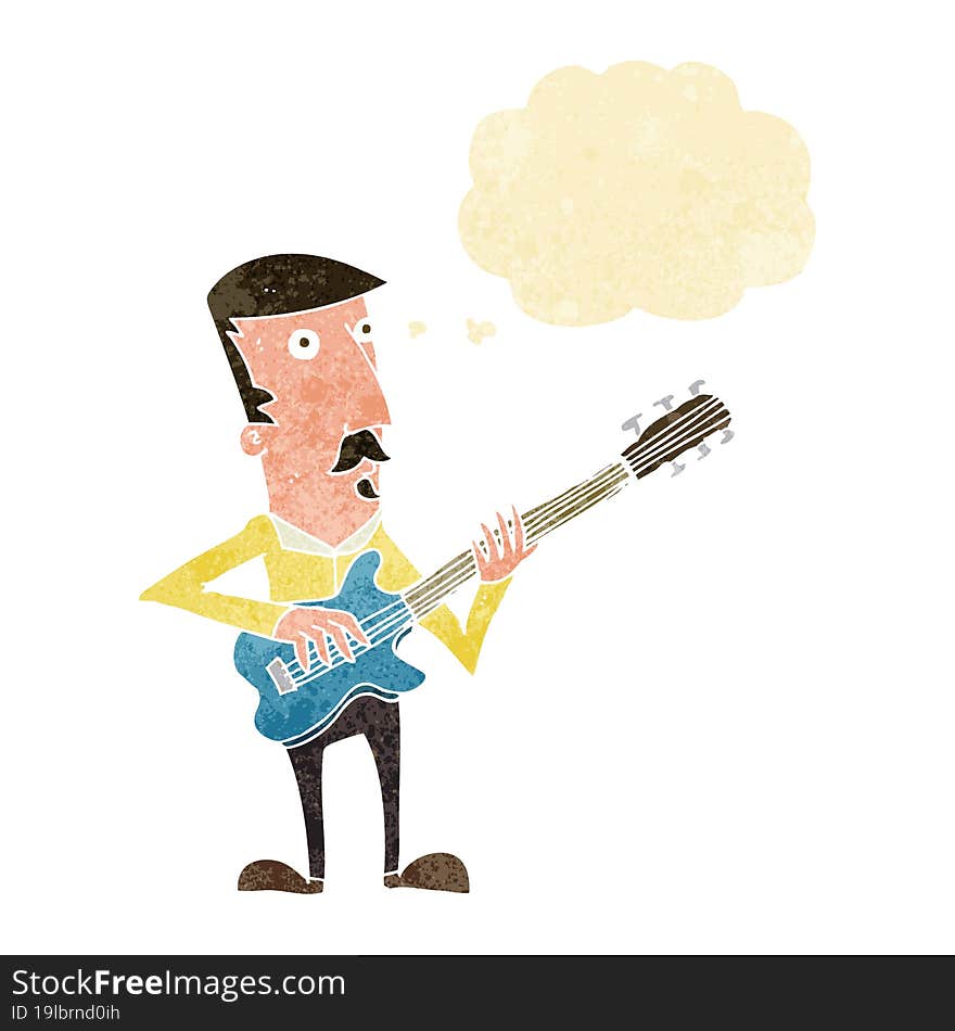 cartoon man playing electric guitar with thought bubble