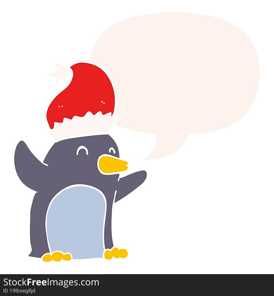 Cute Cartoon Christmas Penguin And Speech Bubble In Retro Style