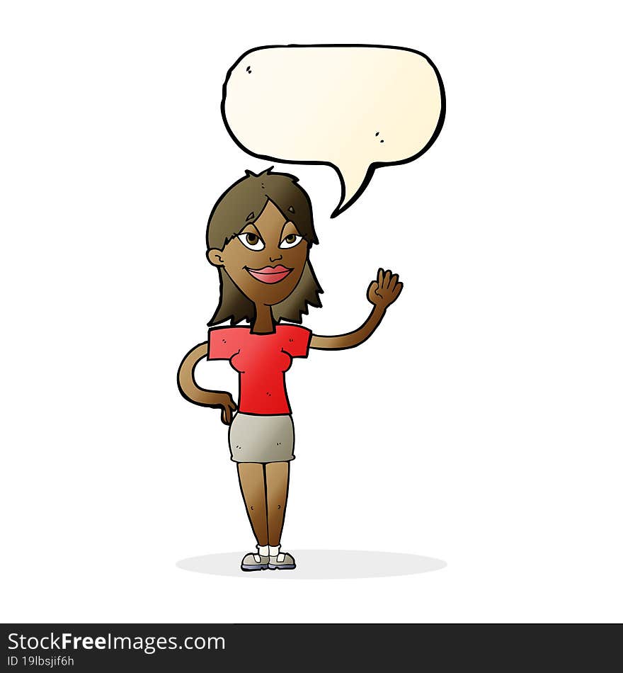 cartoon woman waving with speech bubble