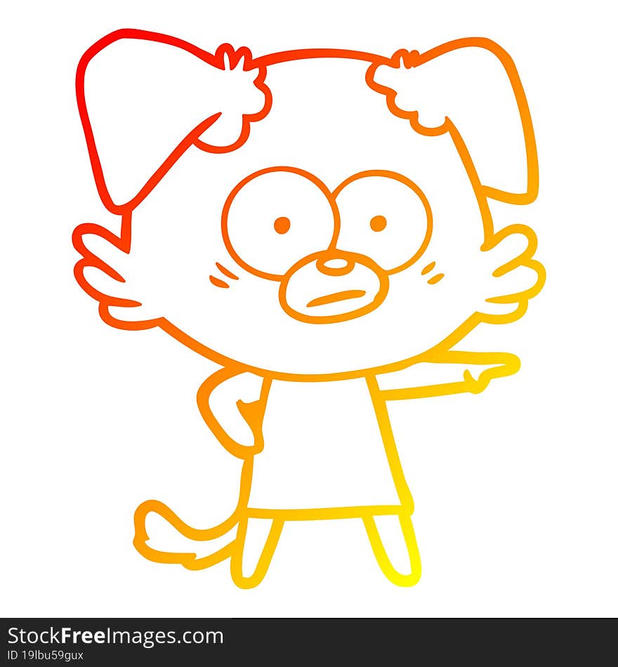 warm gradient line drawing nervous cartoon dog in dress pointing