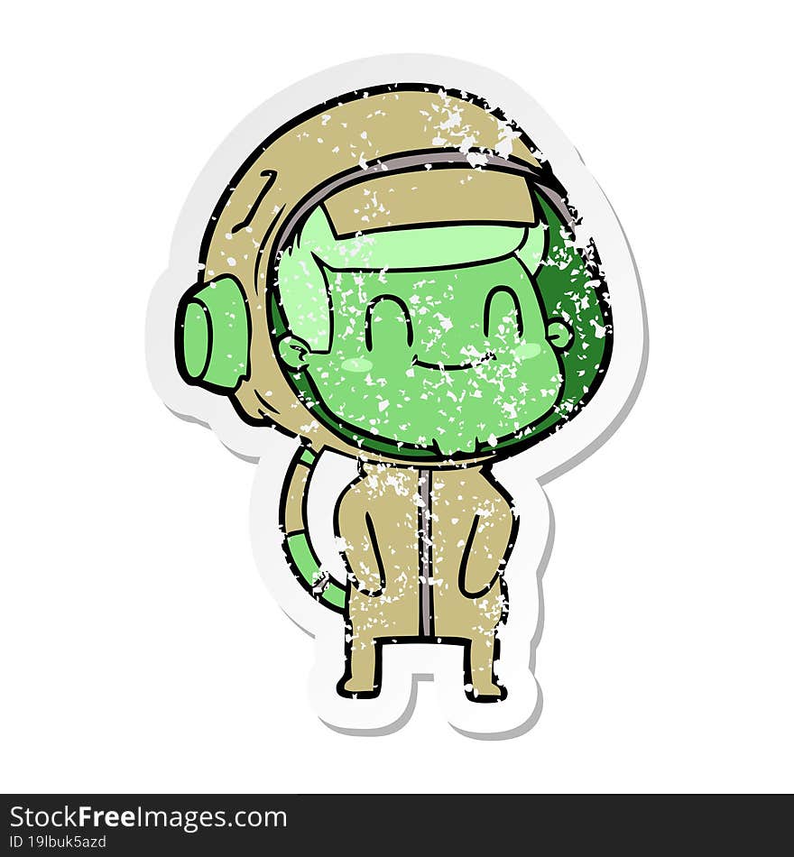 distressed sticker of a happy cartoon astronaut man