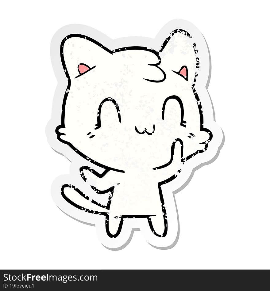 distressed sticker of a cartoon happy cat