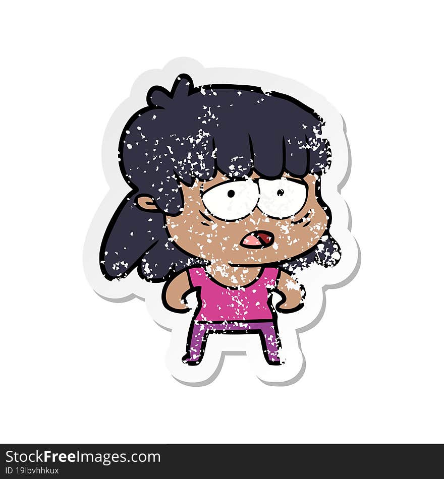 distressed sticker of a cartoon tired woman