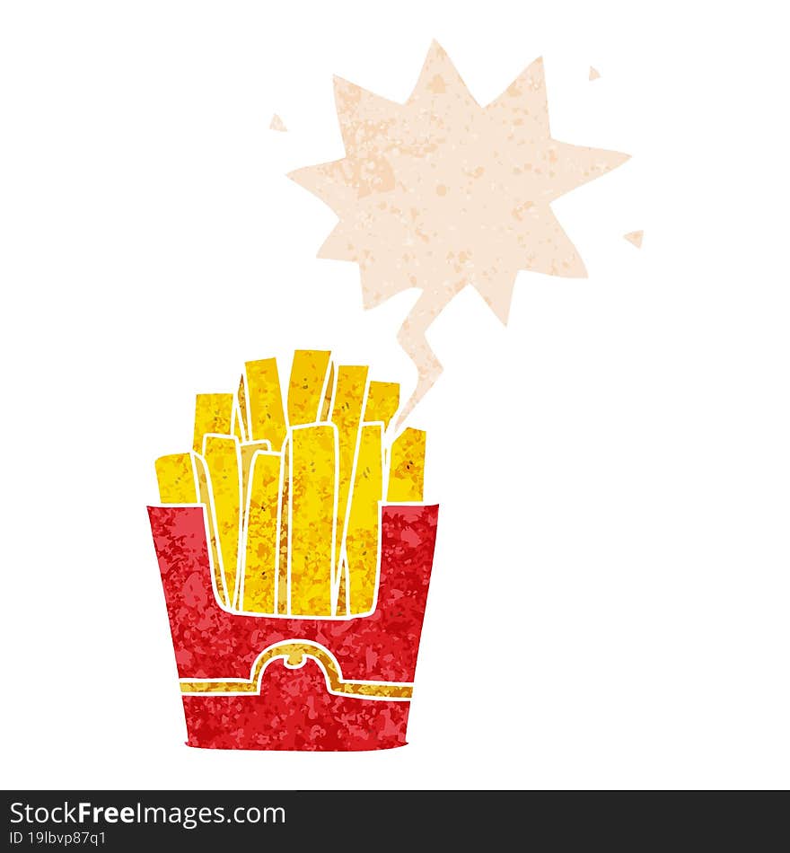 cartoon fries and speech bubble in retro textured style