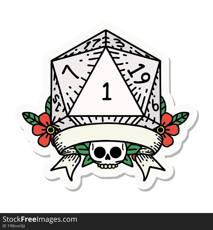 sticker of a natural one d20 dice roll. sticker of a natural one d20 dice roll