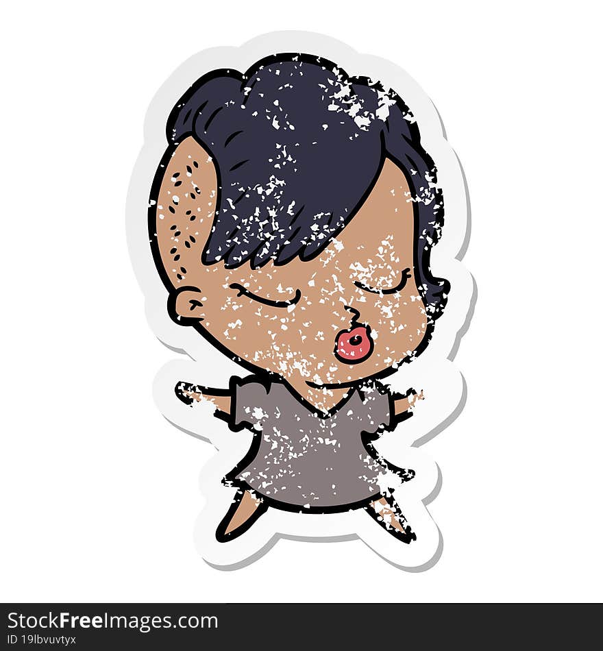 distressed sticker of a cartoon pretty hipster girl