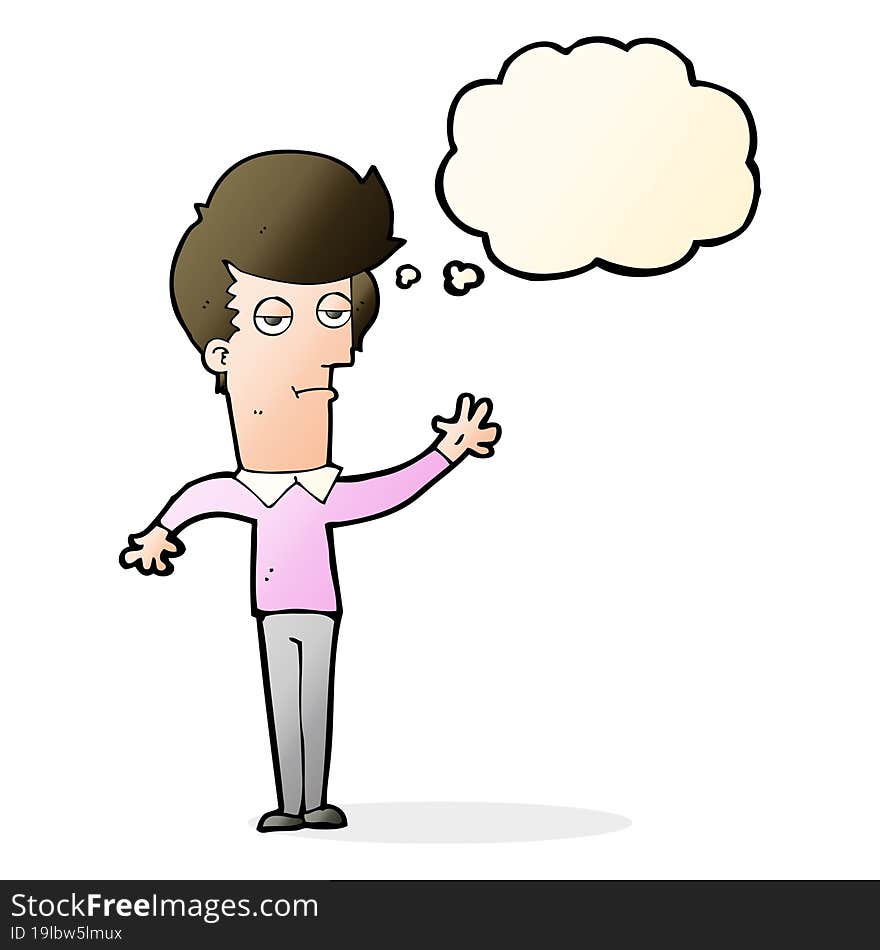 cartoon bored man waving with thought bubble