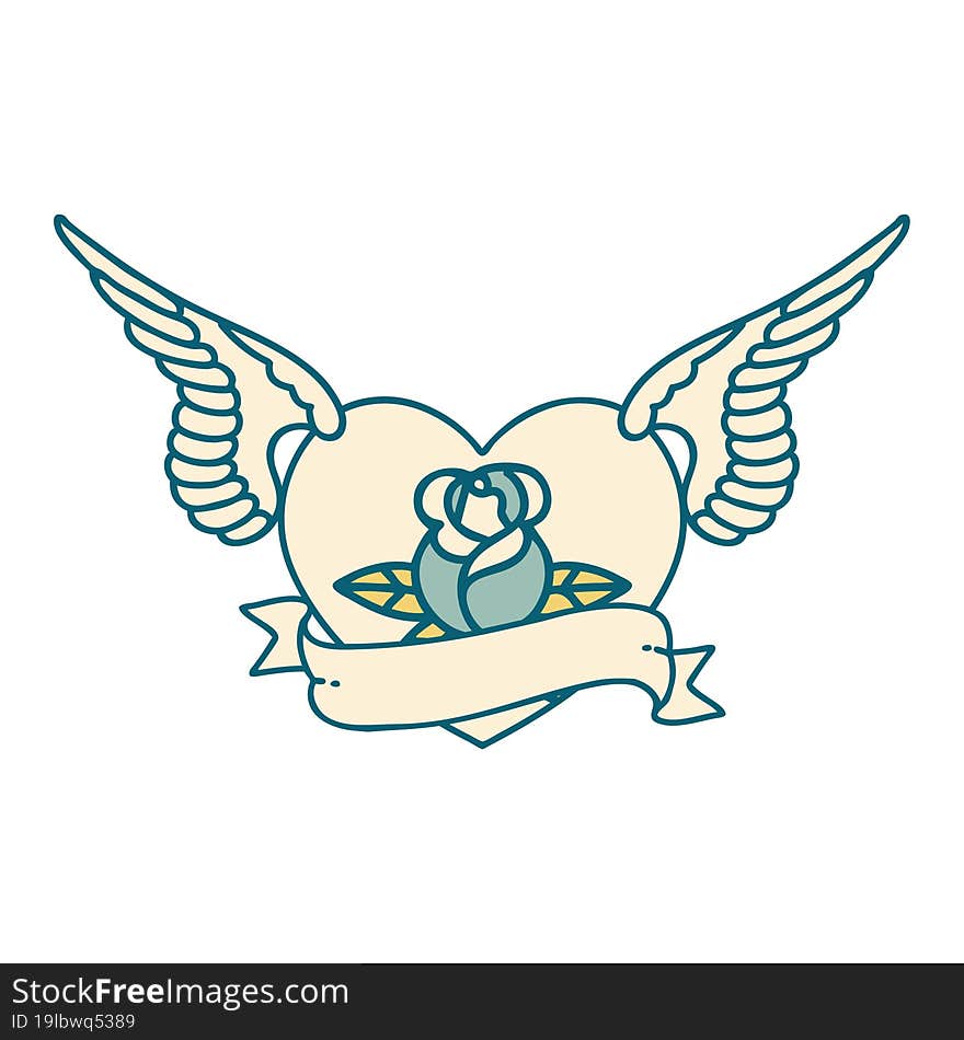 Tattoo Style Icon Of A Flying Heart With Flowers And Banner