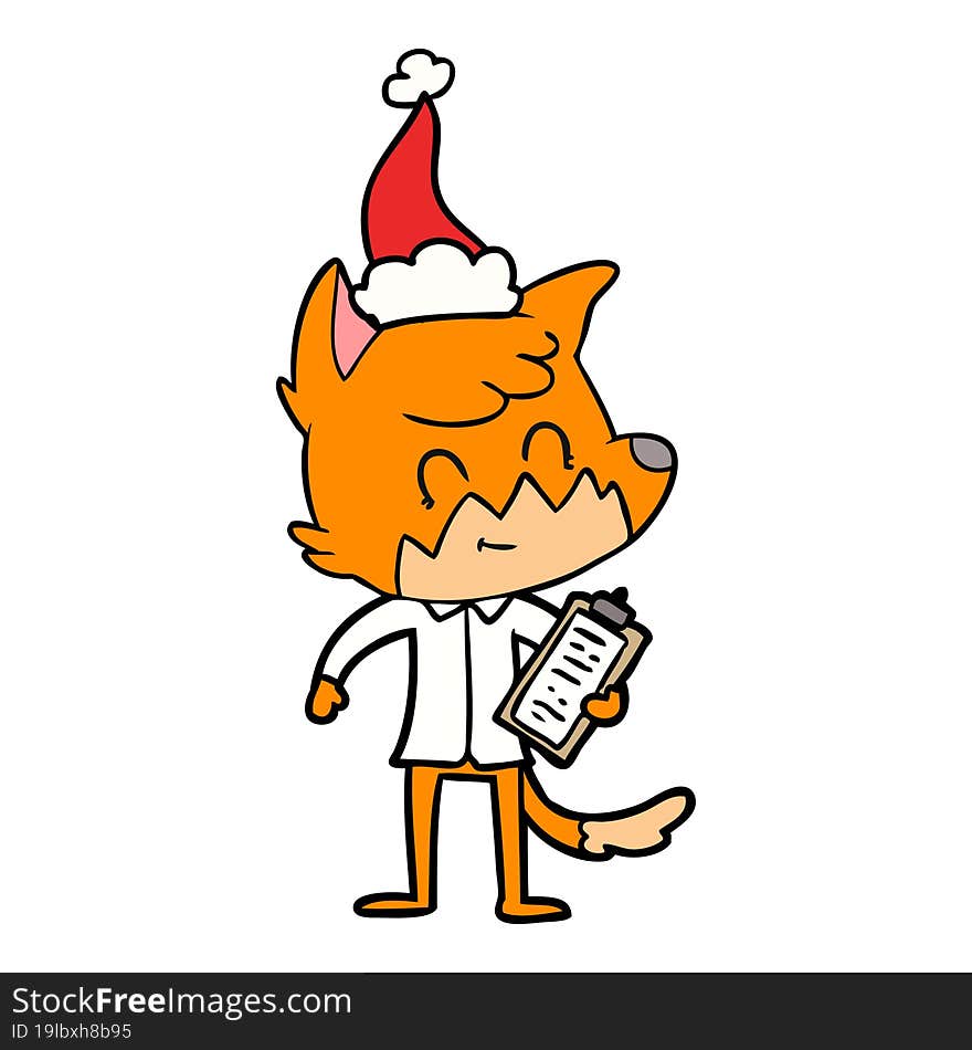 line drawing of a friendly fox manager wearing santa hat