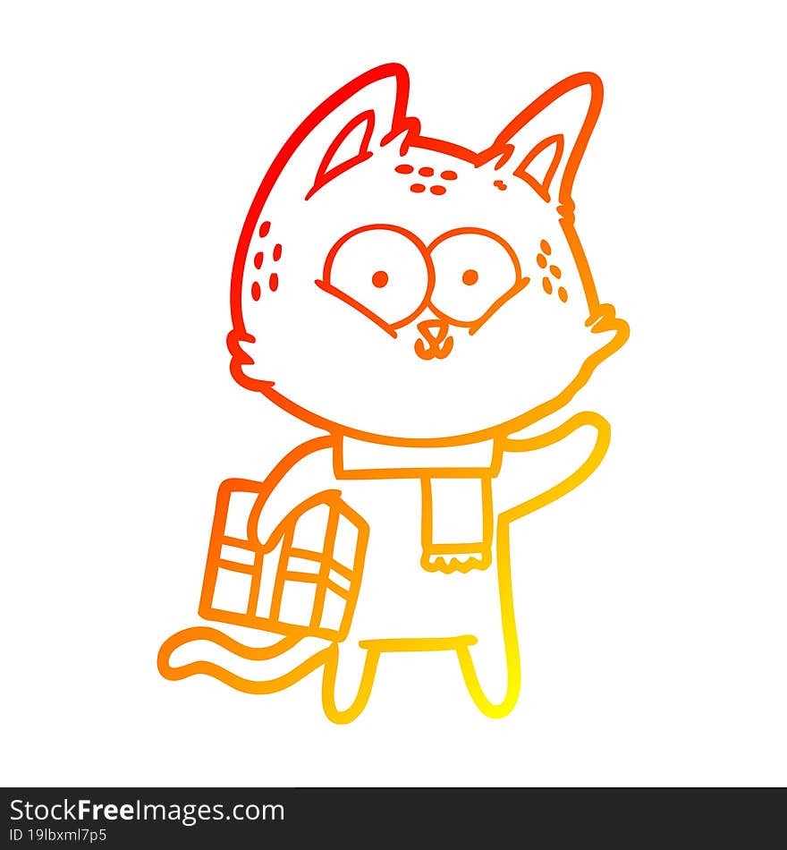 warm gradient line drawing cartoon cat holding christmas present