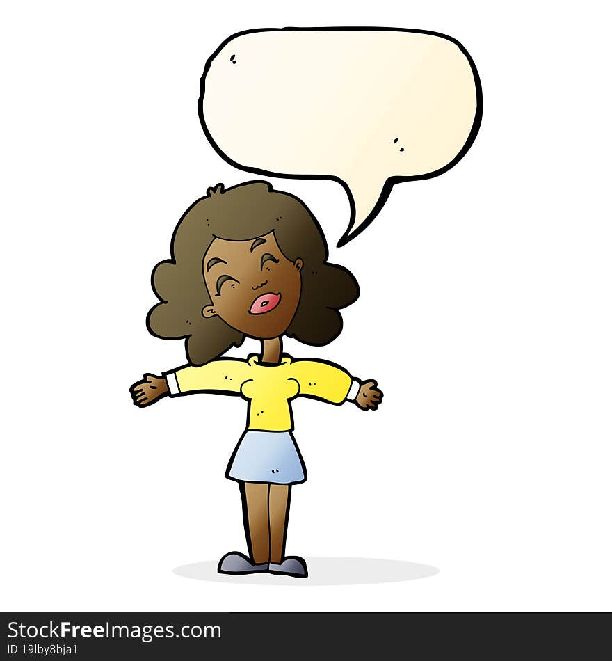 Cartoon Woman With Open Arms With Speech Bubble