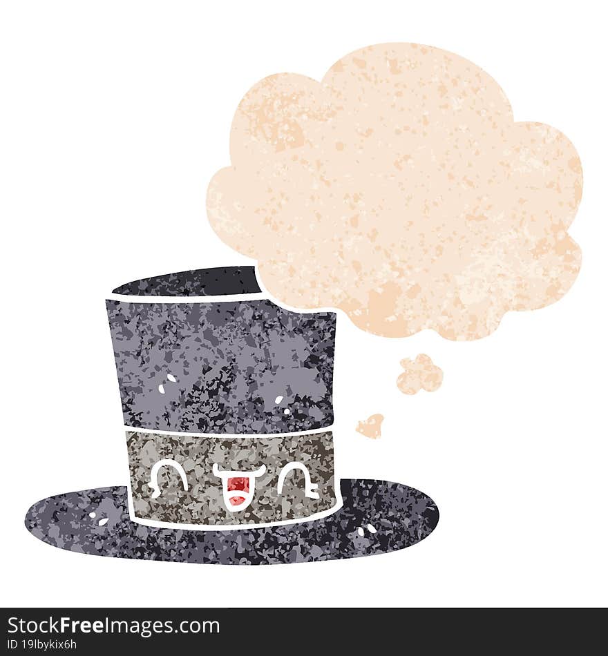 cartoon top hat and thought bubble in retro textured style