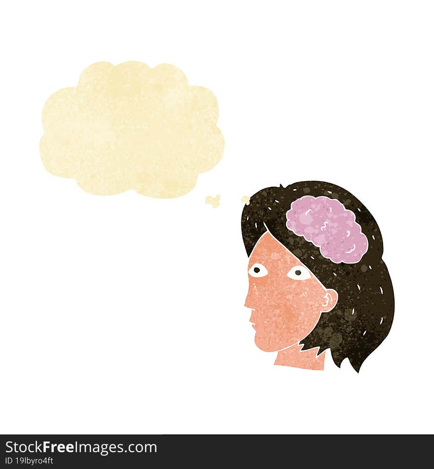 cartoon female head with brain symbol with thought bubble