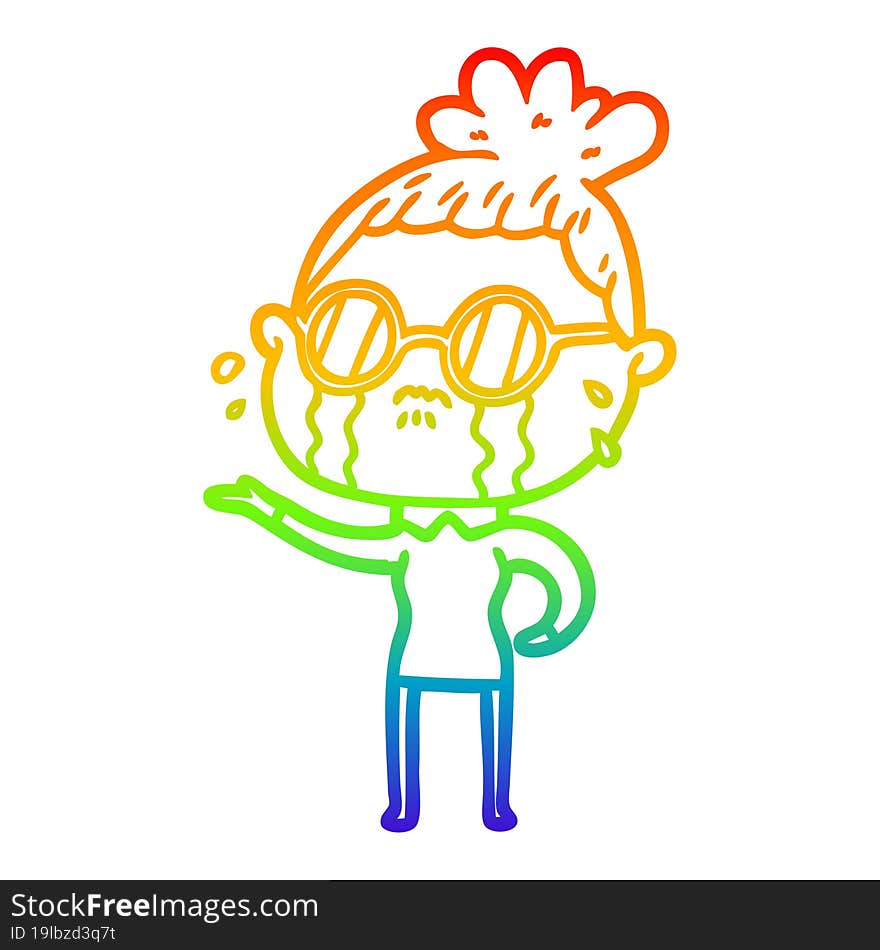 rainbow gradient line drawing cartoon crying woman wearing spectacles