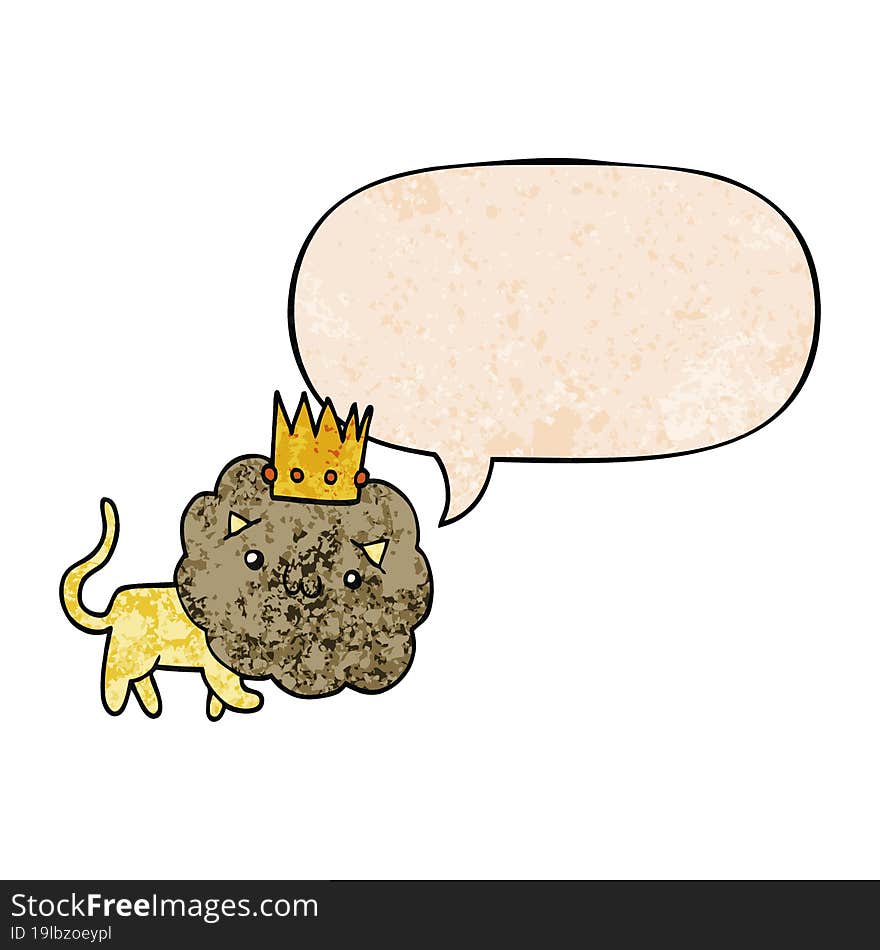 cartoon lion and crown and speech bubble in retro texture style