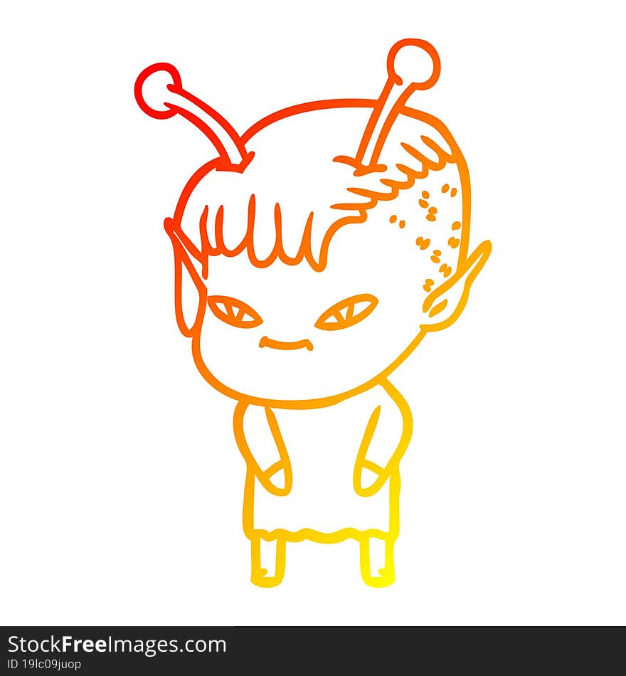 warm gradient line drawing of a cute cartoon alien girl