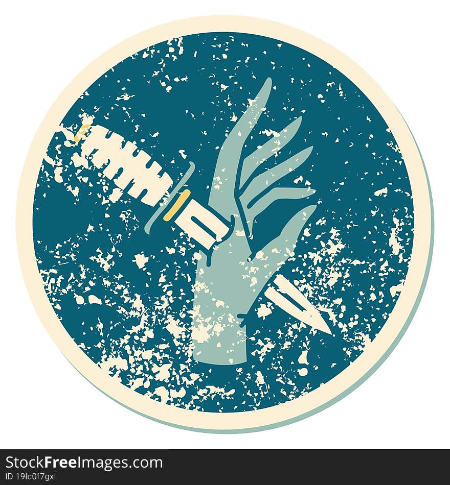 distressed sticker tattoo style icon of a dagger in the hand