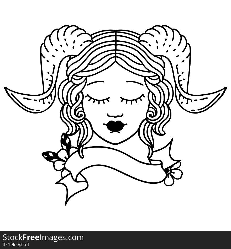 Black and White Tattoo linework Style tiefling character face. Black and White Tattoo linework Style tiefling character face