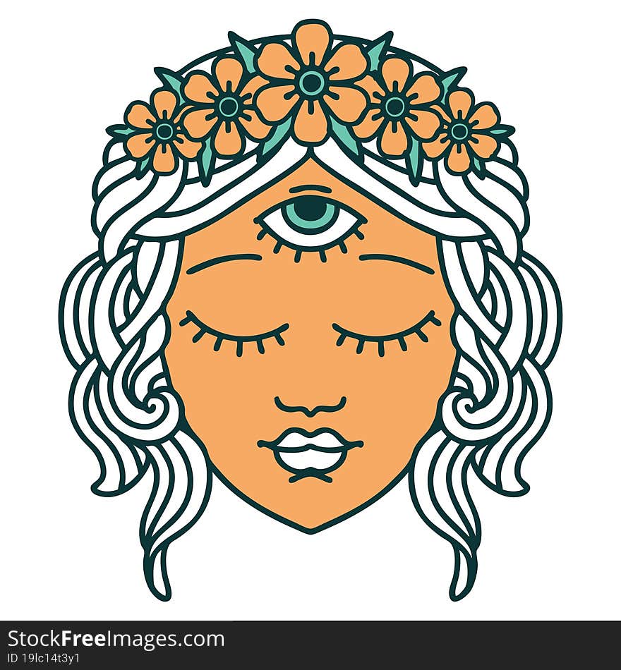 iconic tattoo style image of female face with third eye and crown of flowers. iconic tattoo style image of female face with third eye and crown of flowers