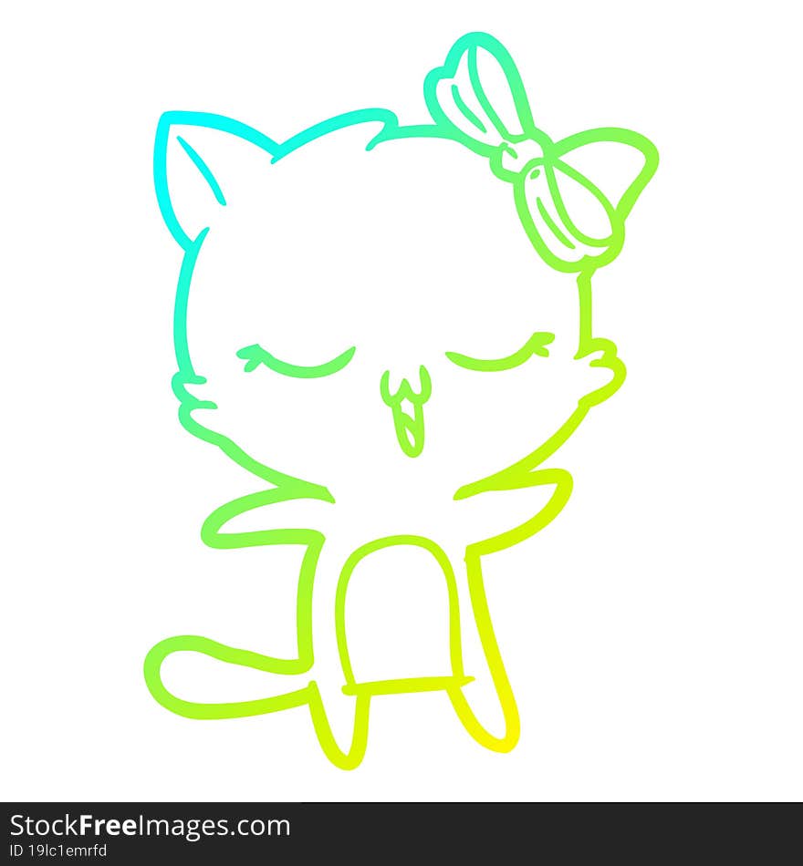 cold gradient line drawing cartoon cat with bow on head