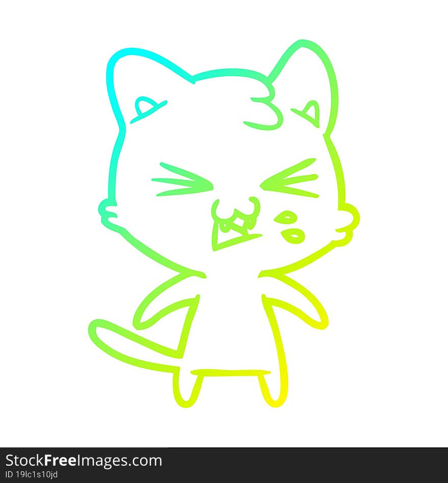 cold gradient line drawing of a cartoon cat hissing