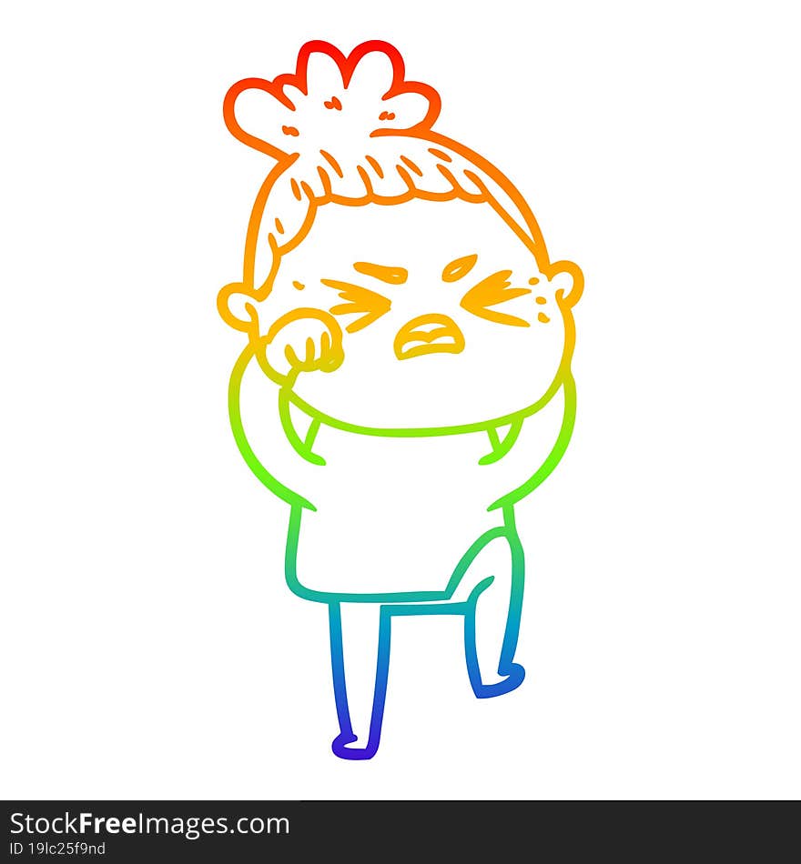 rainbow gradient line drawing of a cartoon angry woman