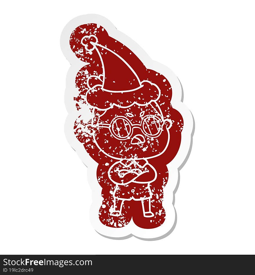 Cartoon Distressed Sticker Of A Annoyed Woman Wearing Santa Hat