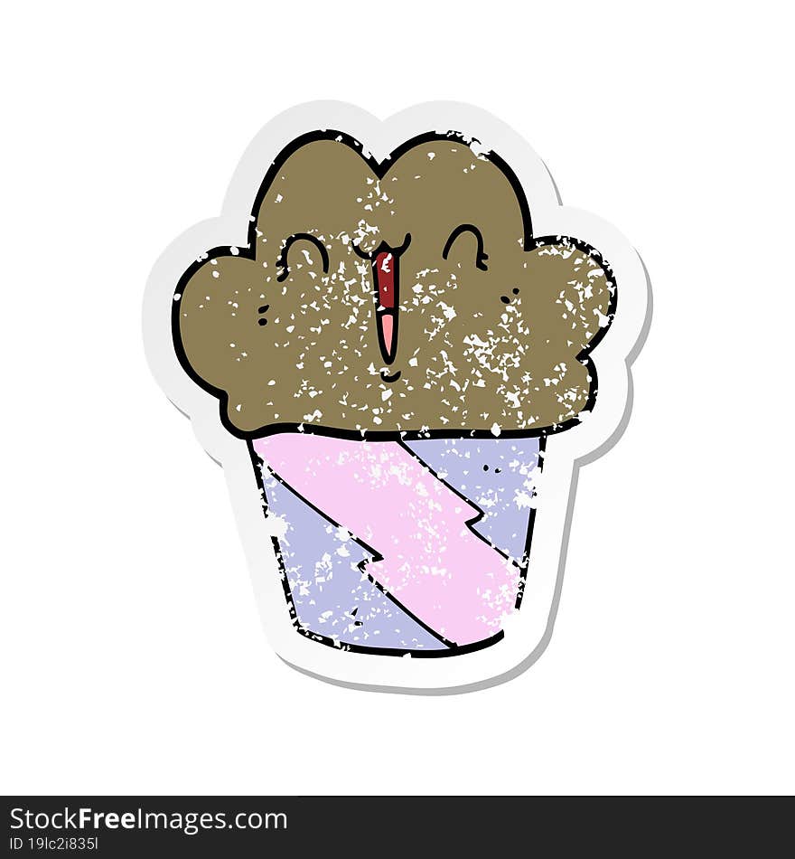 distressed sticker of a cartoon cupcake with face