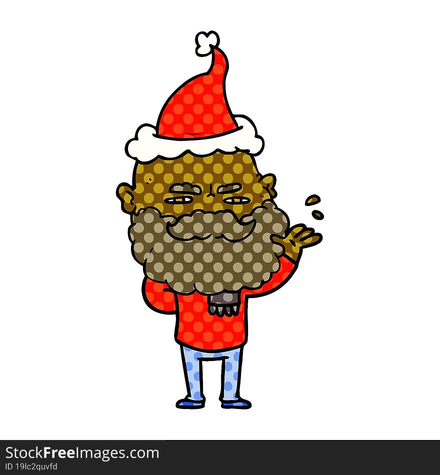 Comic Book Style Illustration Of A Dismissive Man With Beard Frowning Wearing Santa Hat