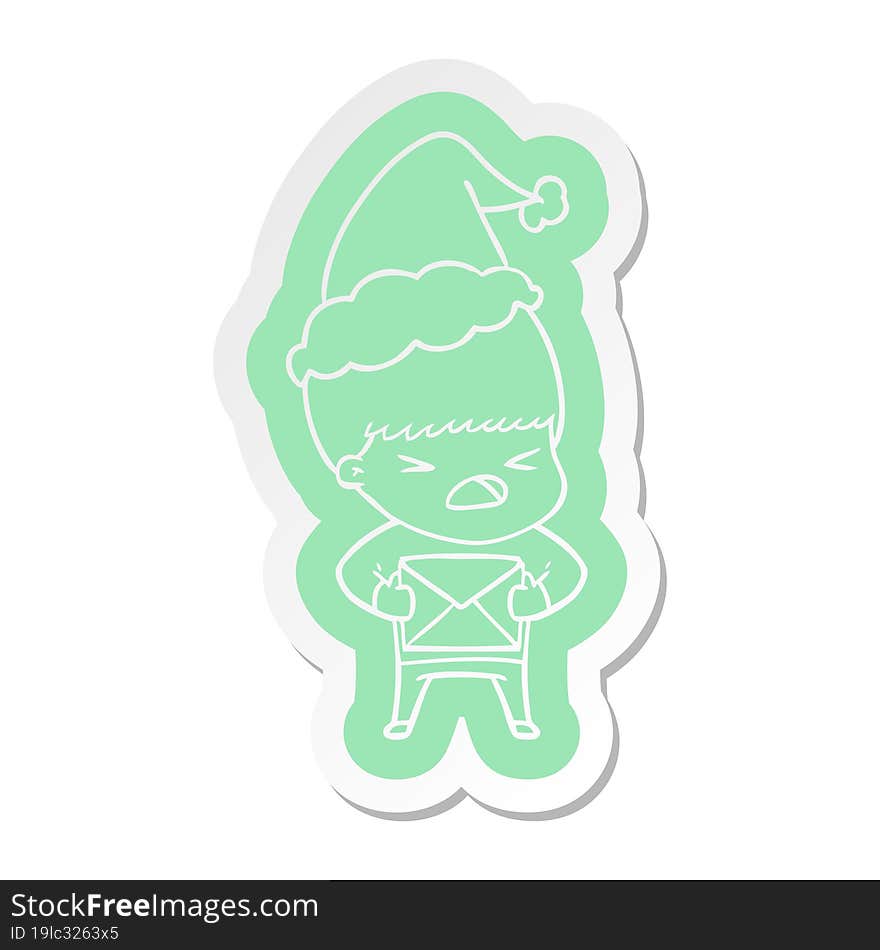 cartoon  sticker of a stressed man wearing santa hat