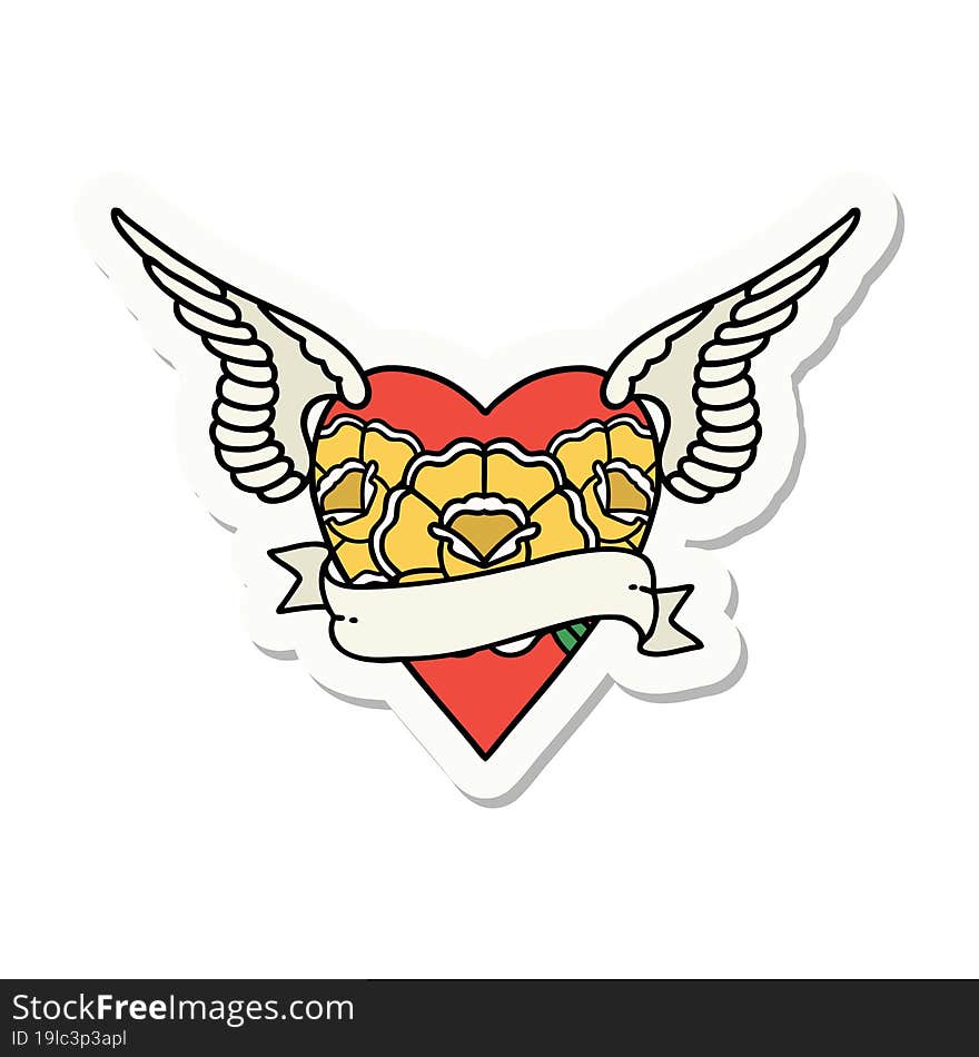 sticker of tattoo in traditional style of heart with wings flowers and banner. sticker of tattoo in traditional style of heart with wings flowers and banner