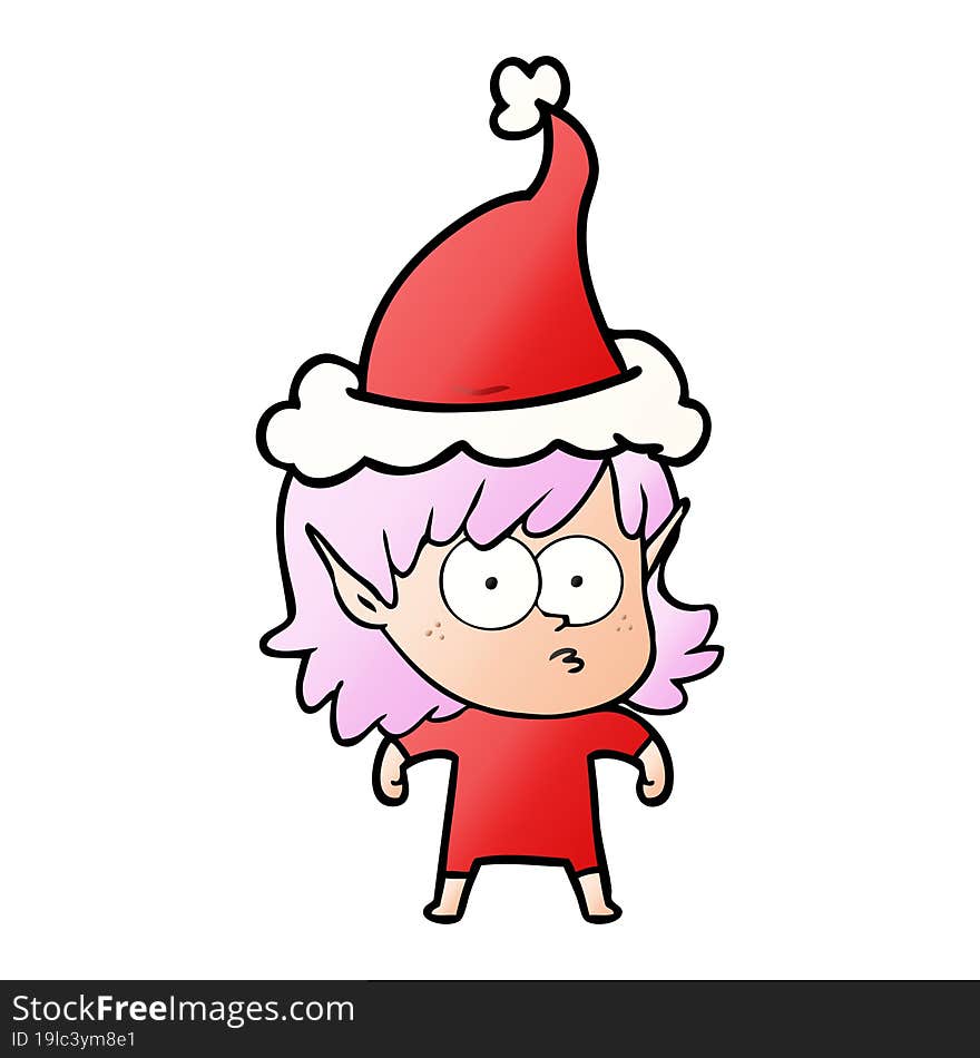 gradient cartoon of a elf girl staring wearing santa hat