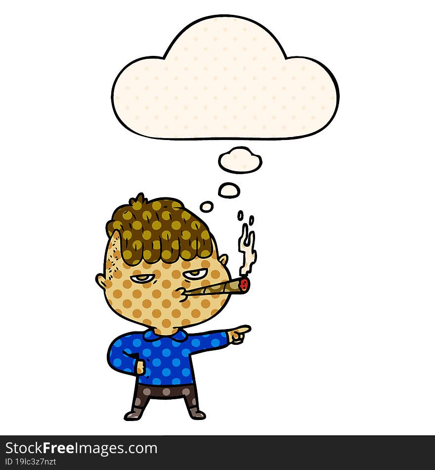 cartoon man smoking with thought bubble in comic book style