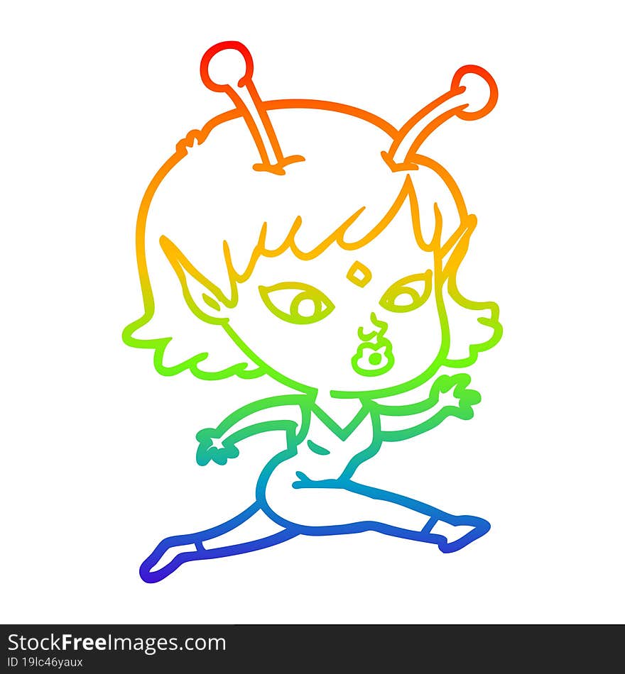 rainbow gradient line drawing pretty cartoon alien girl running