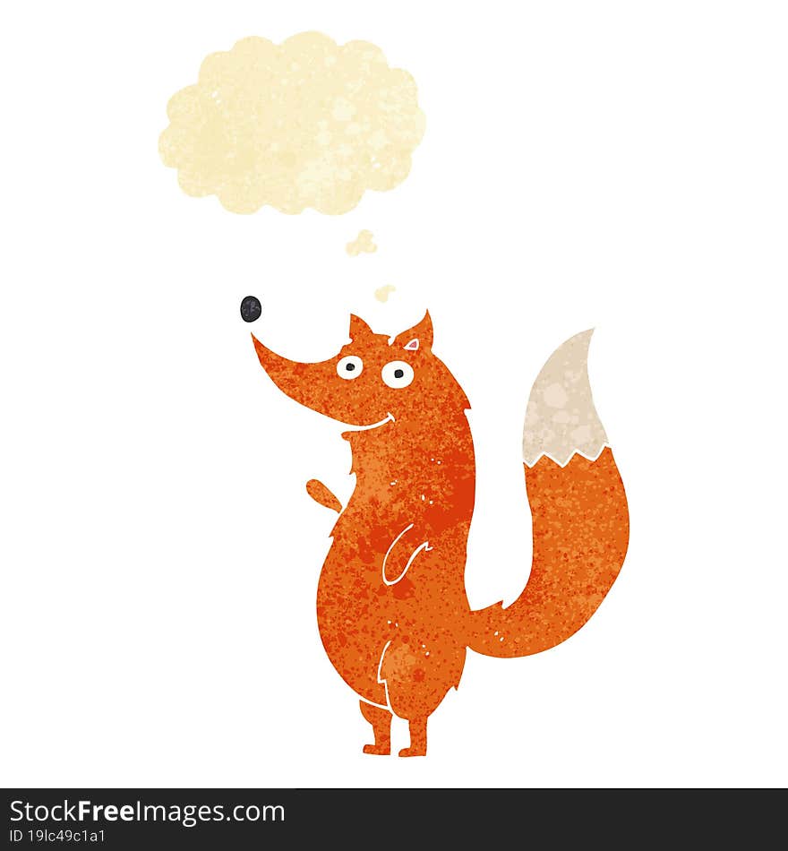 cartoon waving fox with thought bubble