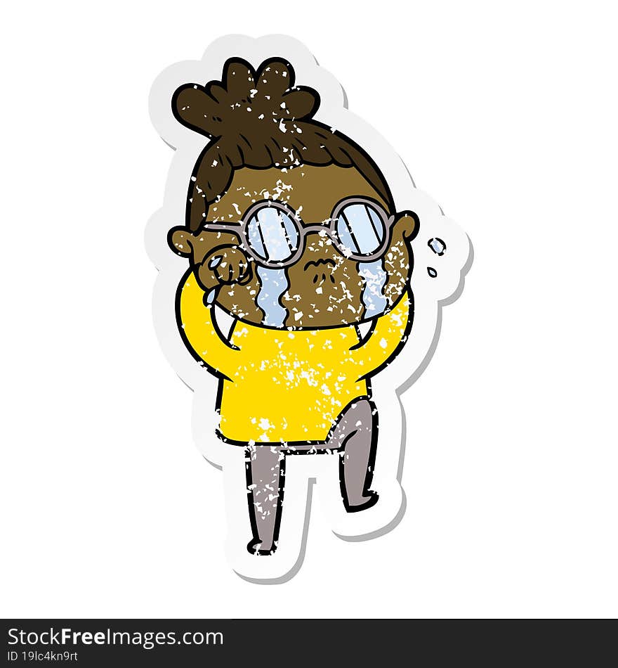 distressed sticker of a cartoon crying woman wearing spectacles