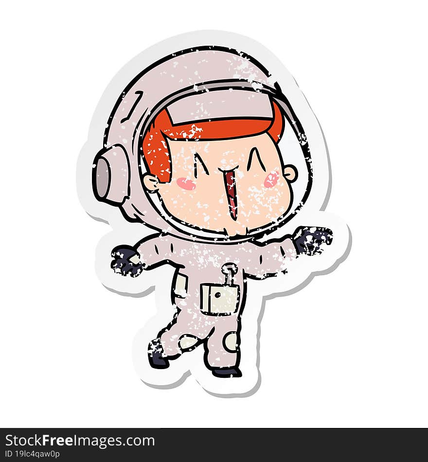 Distressed Sticker Of A Happy Cartoon Astronaut Pointing