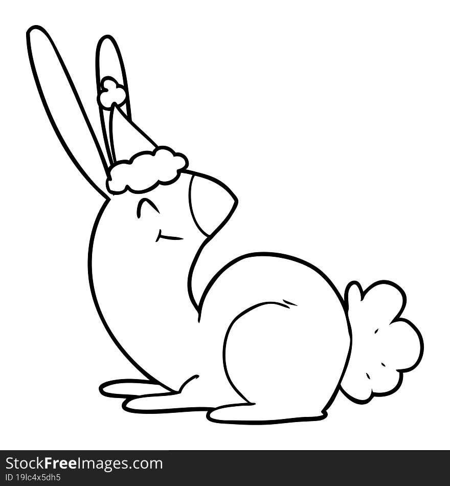 cute line drawing of a rabbit wearing santa hat