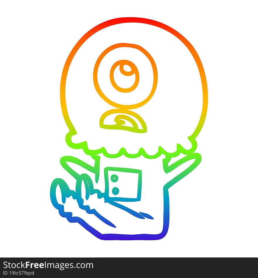 rainbow gradient line drawing of a cartoon cyclops alien spaceman