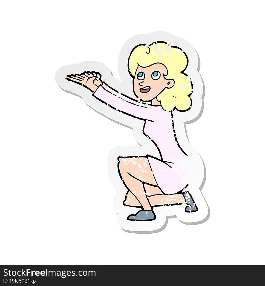 retro distressed sticker of a cartoon woman presentation gesture