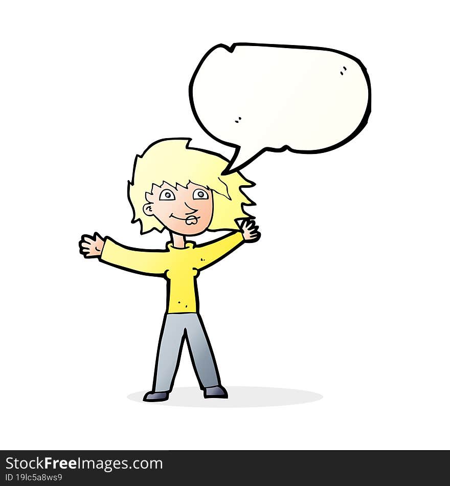 cartoon excited woman waving with speech bubble