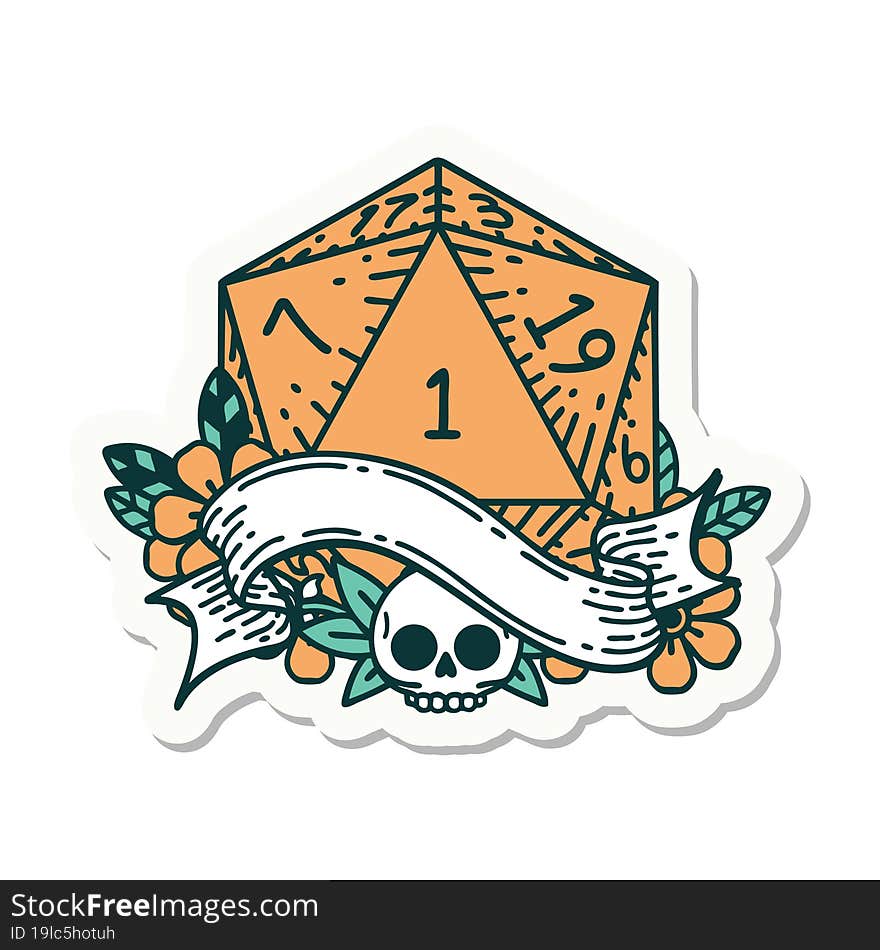 sticker of a natural one d20 dice roll. sticker of a natural one d20 dice roll