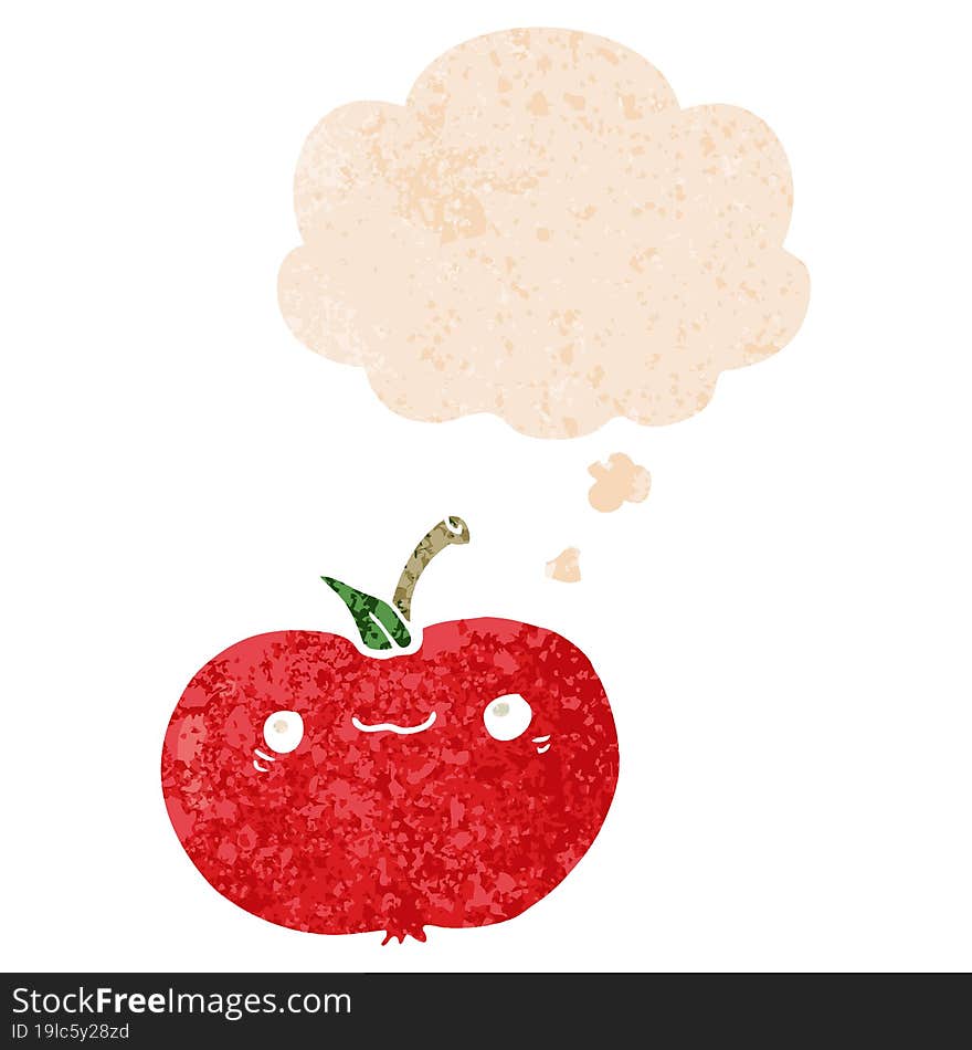 cartoon apple and thought bubble in retro textured style