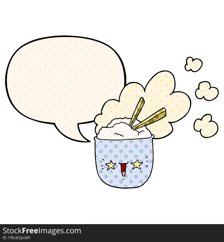 Cute Cartoon Hot Rice Bowl And Speech Bubble In Comic Book Style