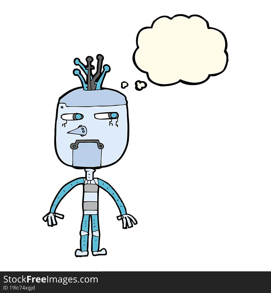 funny cartoon robot with thought bubble