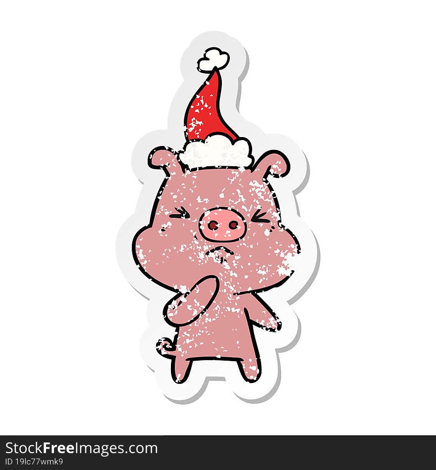 distressed sticker cartoon of a angry pig wearing santa hat