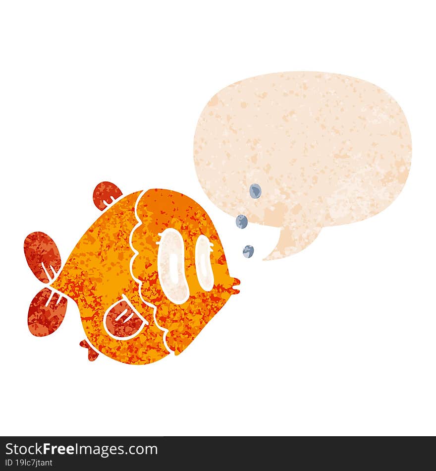 cartoon fish and speech bubble in retro textured style