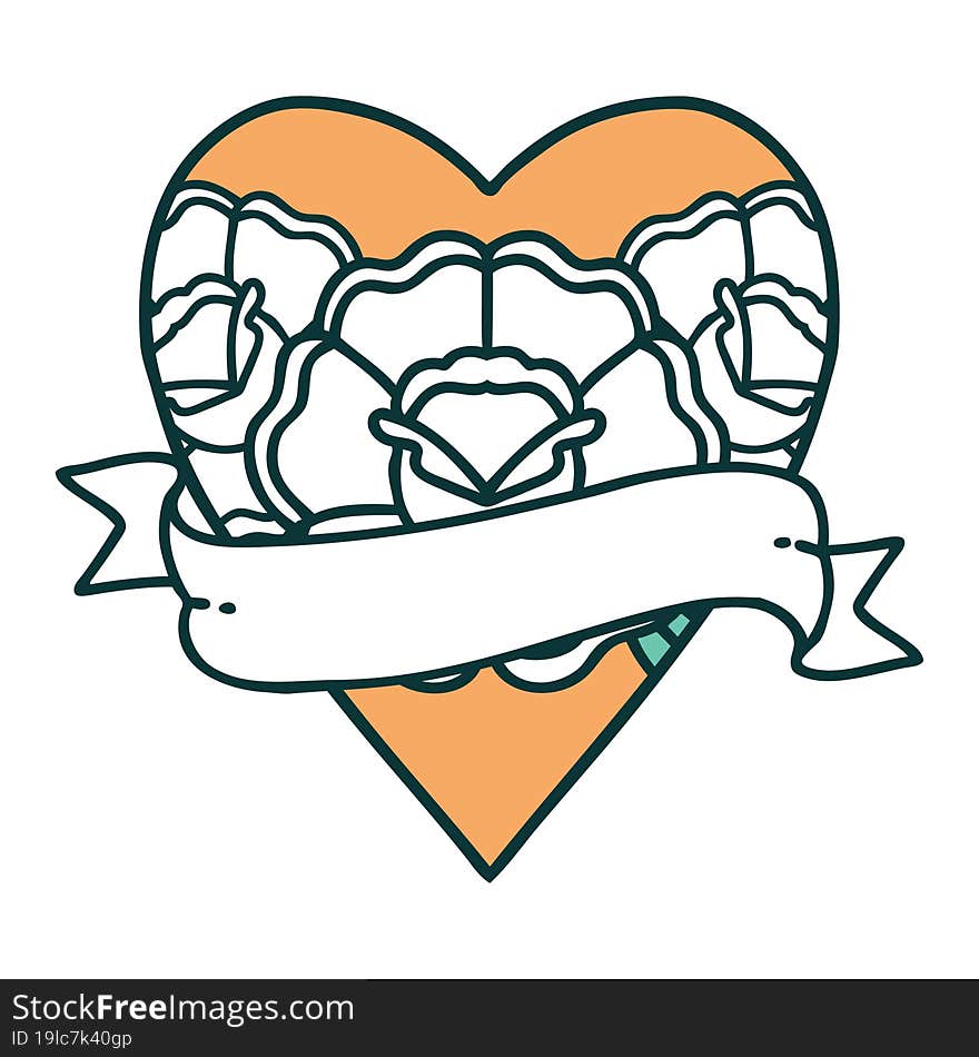 iconic tattoo style image of a heart and banner with flowers. iconic tattoo style image of a heart and banner with flowers