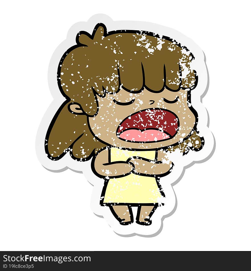 distressed sticker of a cartoon woman talking loudly